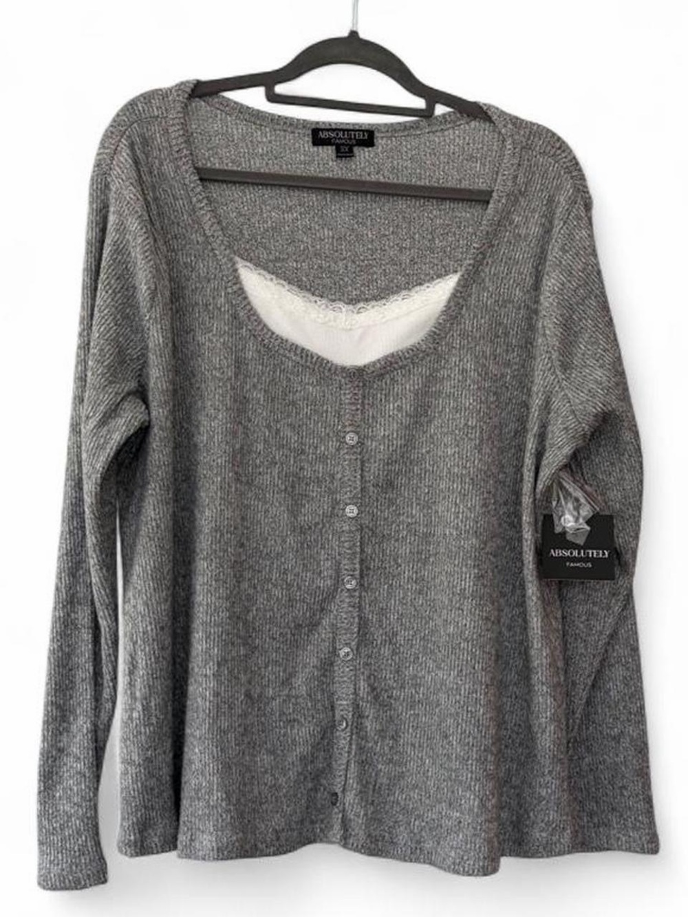 Absolutely Famous Women's Gray Button-Front Sweater with Lace-Trim Tank